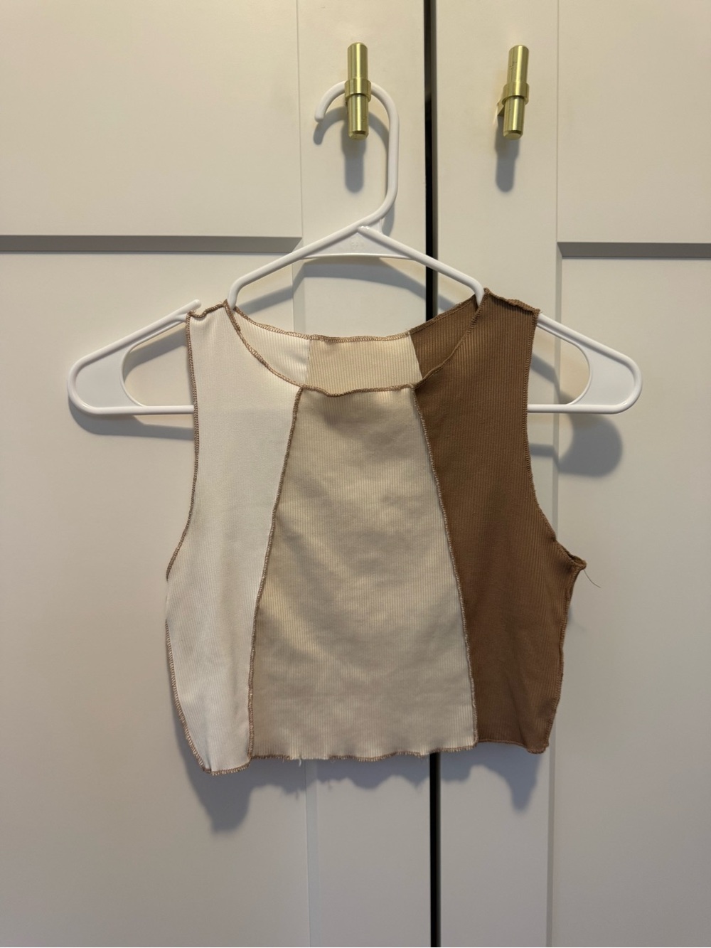 Colorblock Ribbed Crop Tank Top - Cream & Brown